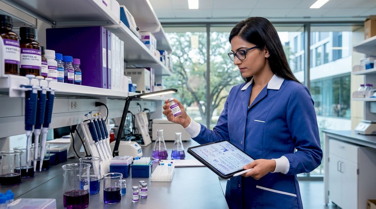 Scientist examining peptide sample in small lab