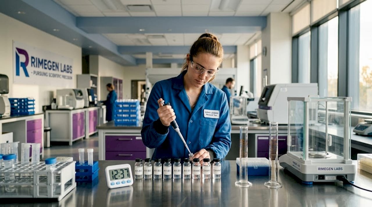 Technician pipetting solution in peptide research lab