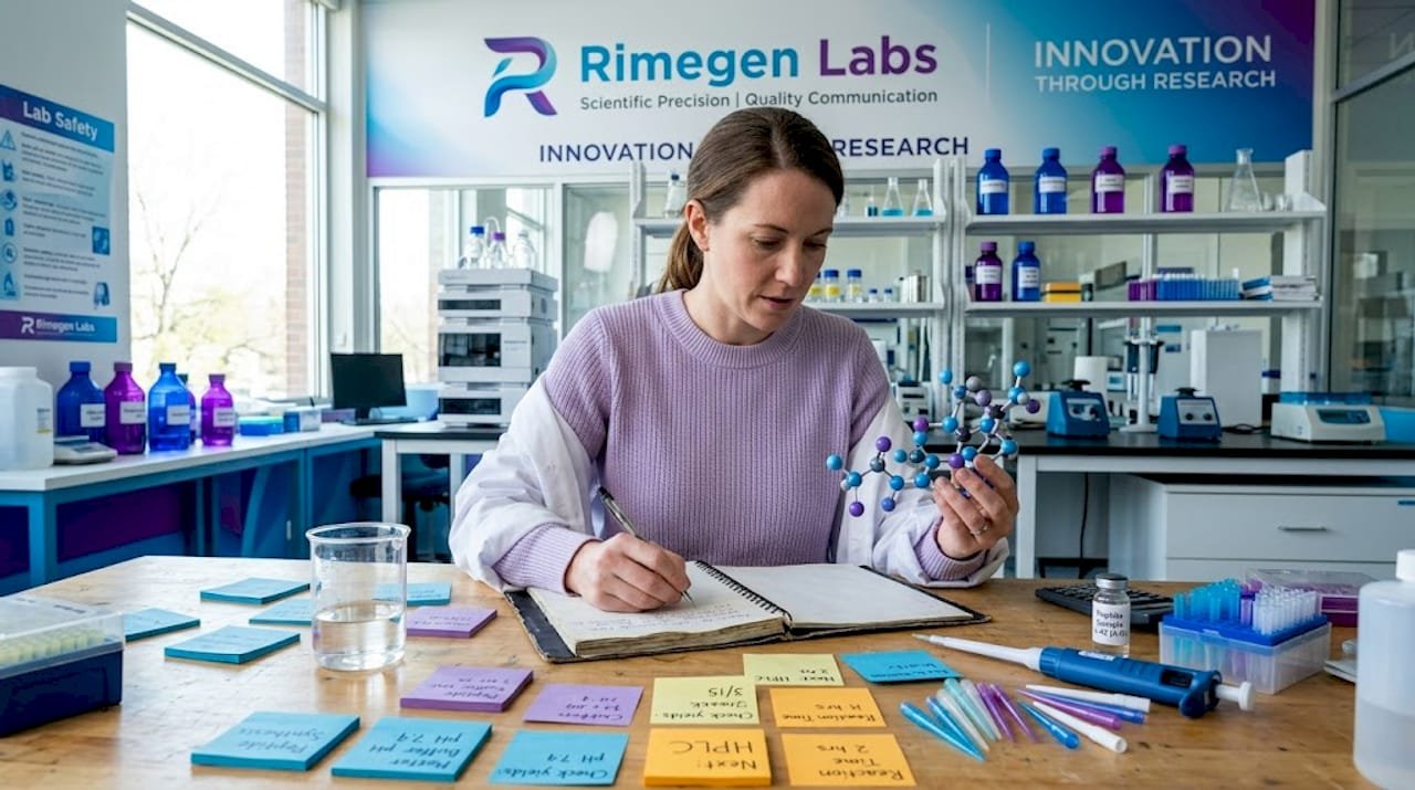 Scientist recording peptide research results in lab