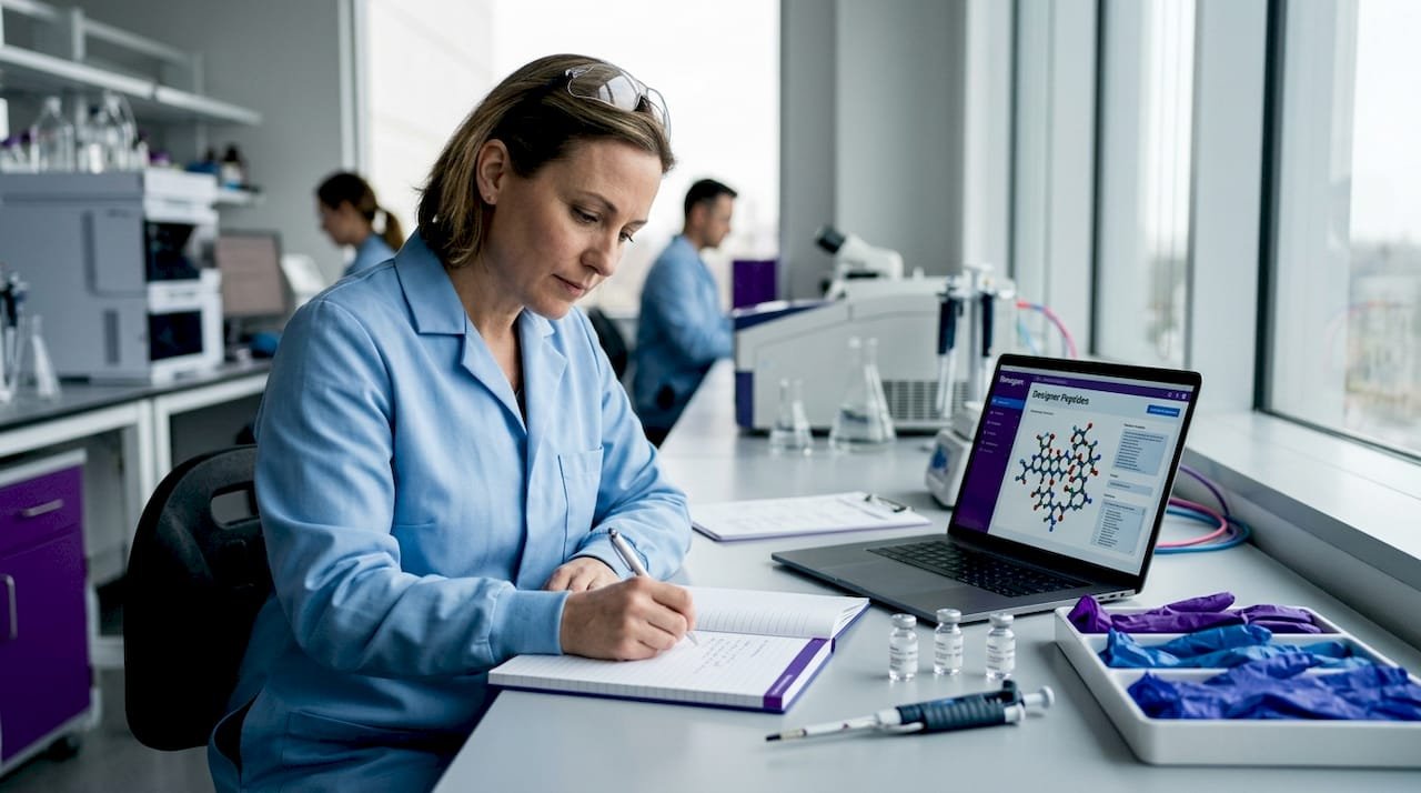 Scientist reviewing designer peptide notes in lab