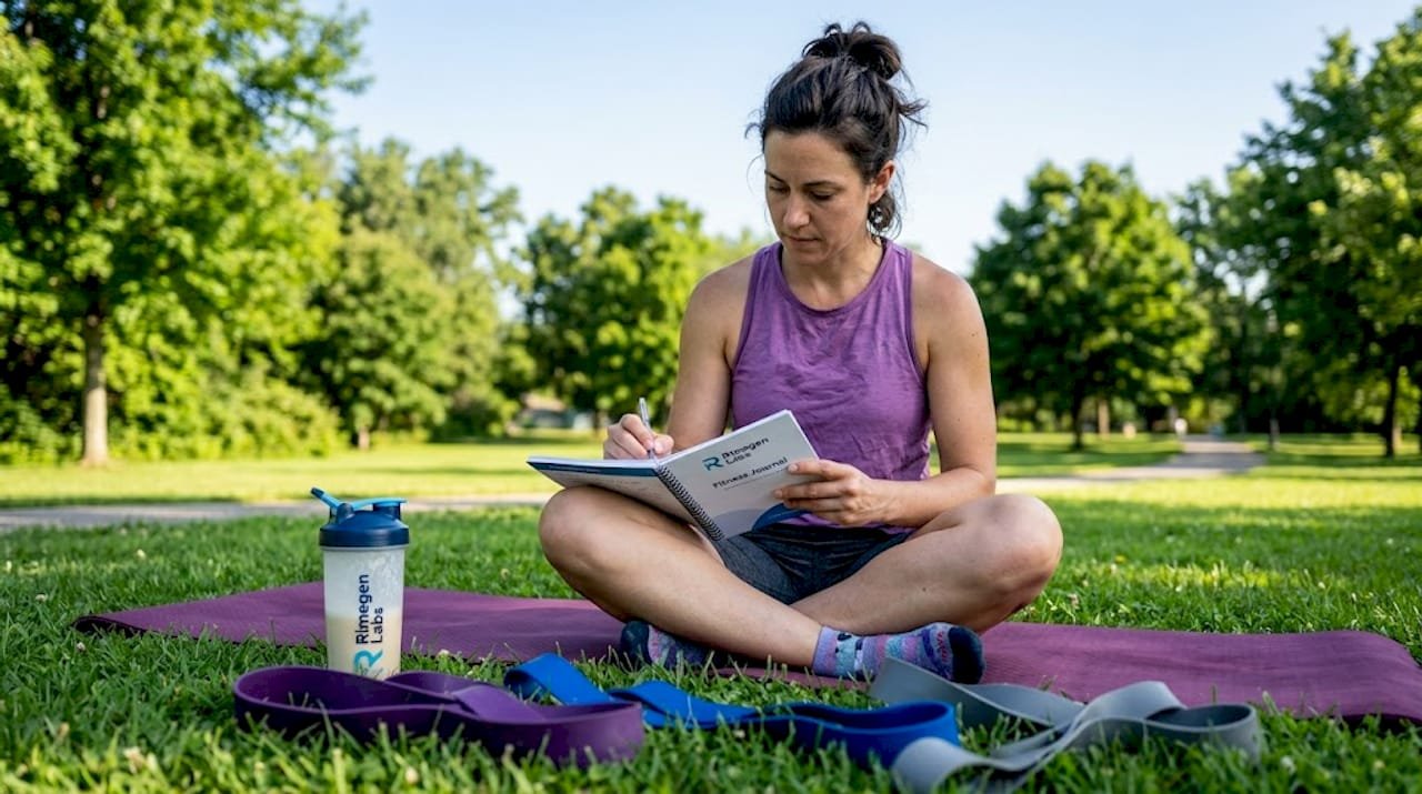 Woman journaling in a casual home gym setting