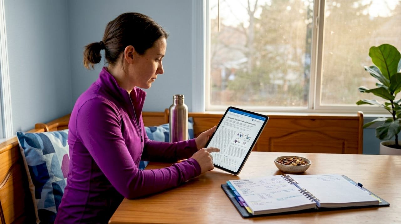 Person researching fitness peptides at kitchen table