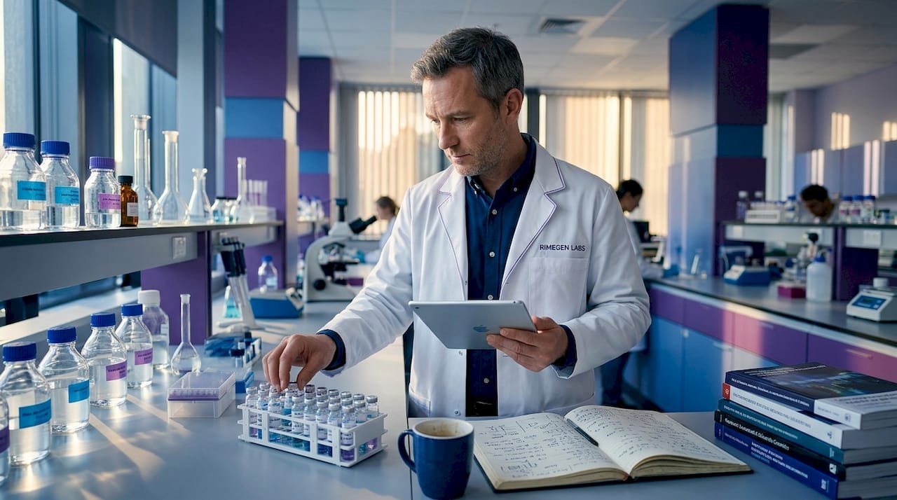 Scientist reviews peptide research data in lab