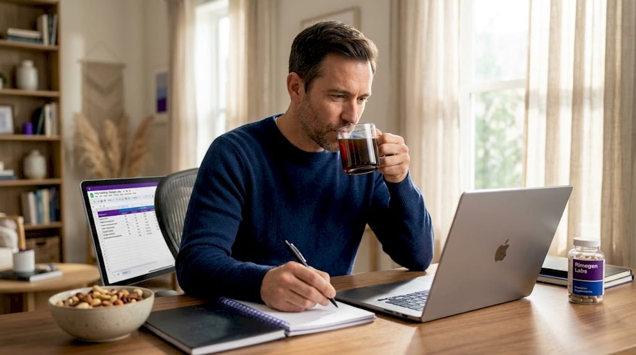 Man logging peptide results in home kitchen workspace