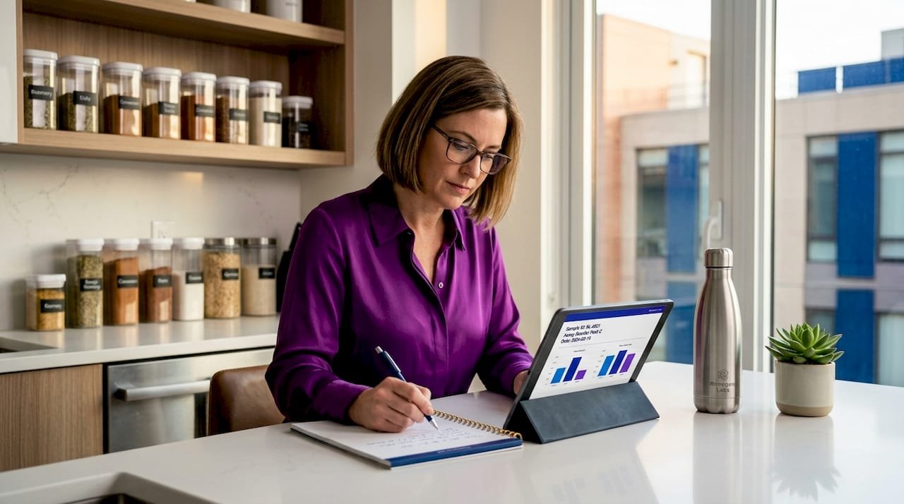 Woman planning peptide protocol at kitchen table