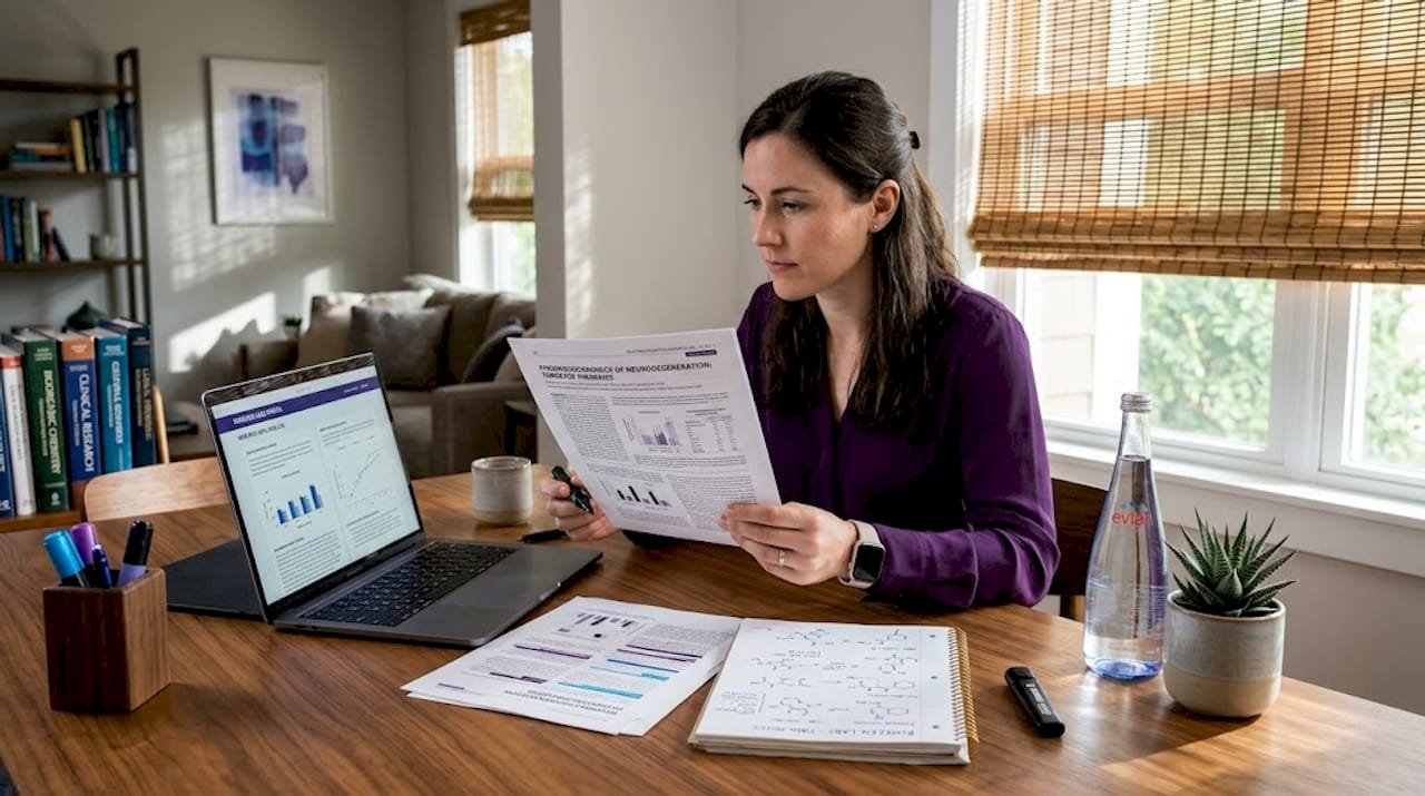 Woman reading peptide research at kitchen table