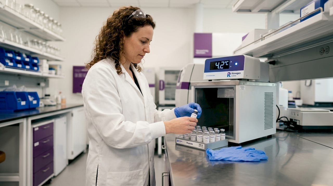 Scientist checking peptide vials in lab storage