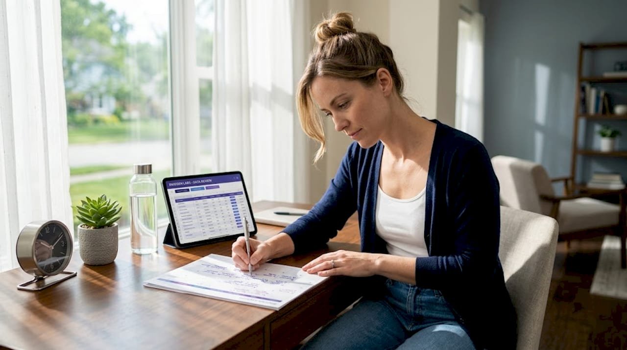 Woman reviewing printed schedule at kitchen table