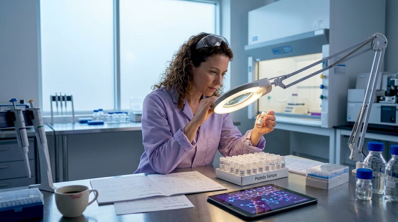 Scientist examining peptide samples in laboratory