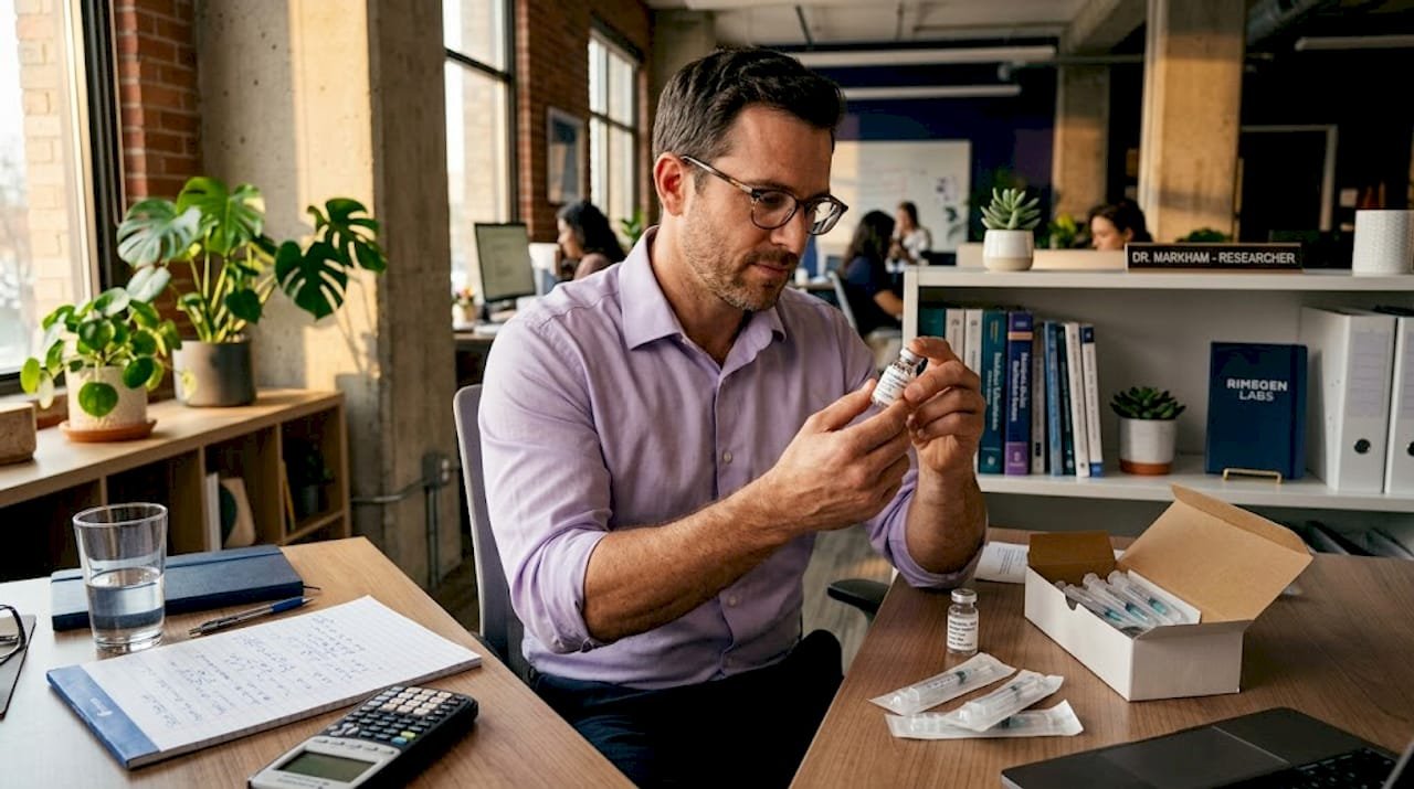 Man calculating peptide dosage at home office desk