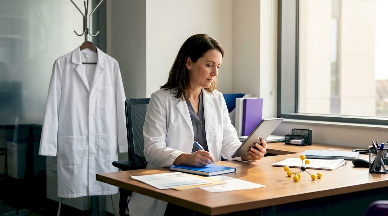 Scientist at desk reading peptide research paper