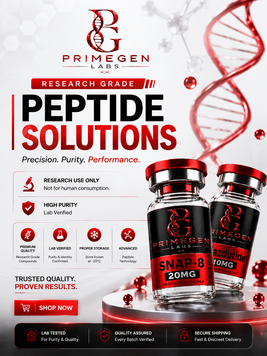 Two vials of peptide solutions displayed prominently with scientific and branding elements in the background.